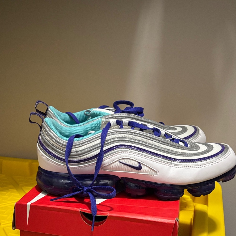 Nike Air Max 97 White and Blue Athletic Shoes